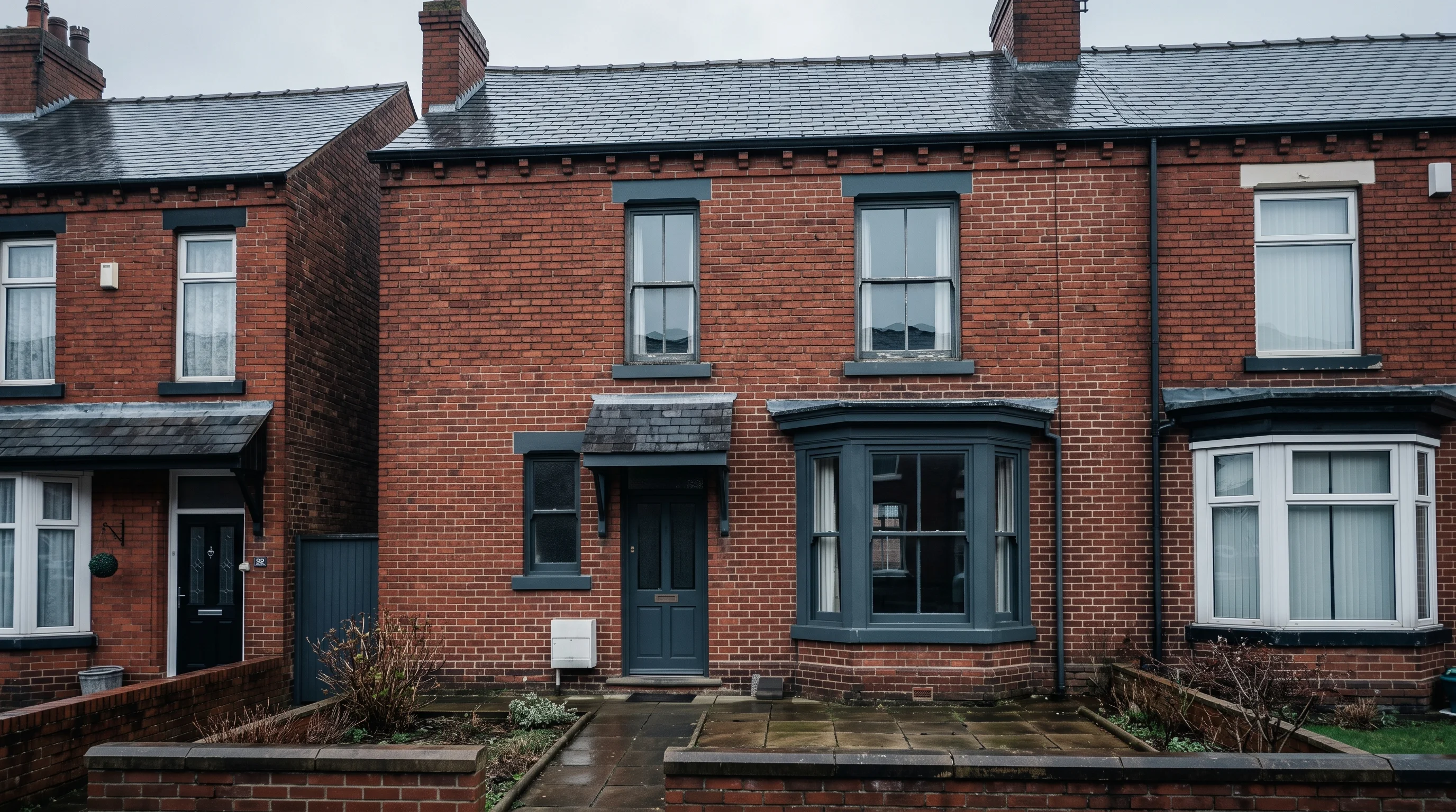 Red-brick Victorian terrace house front with bay window and wet slate roof under an overcast Wakefield sky