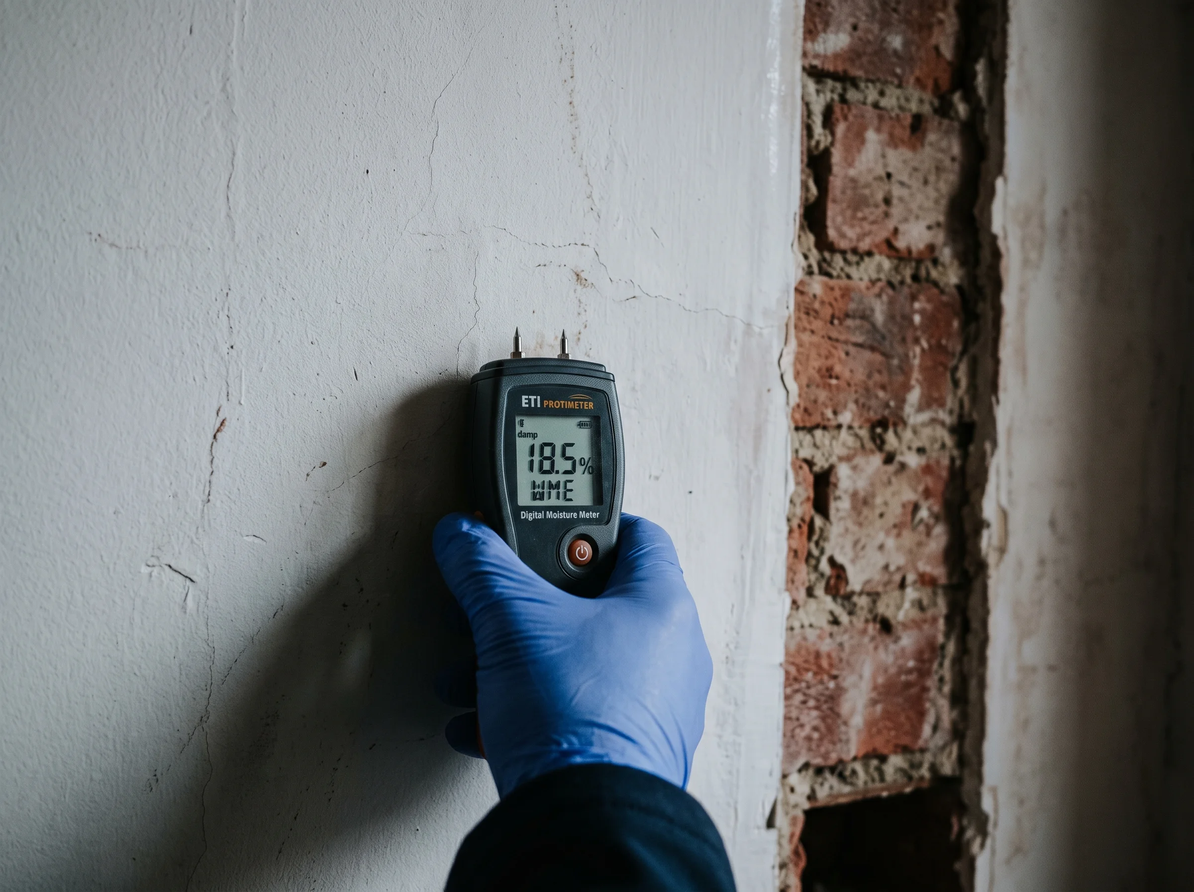 Moisture meter pressed against old plaster on a solid brick wall, showing a reading on its display