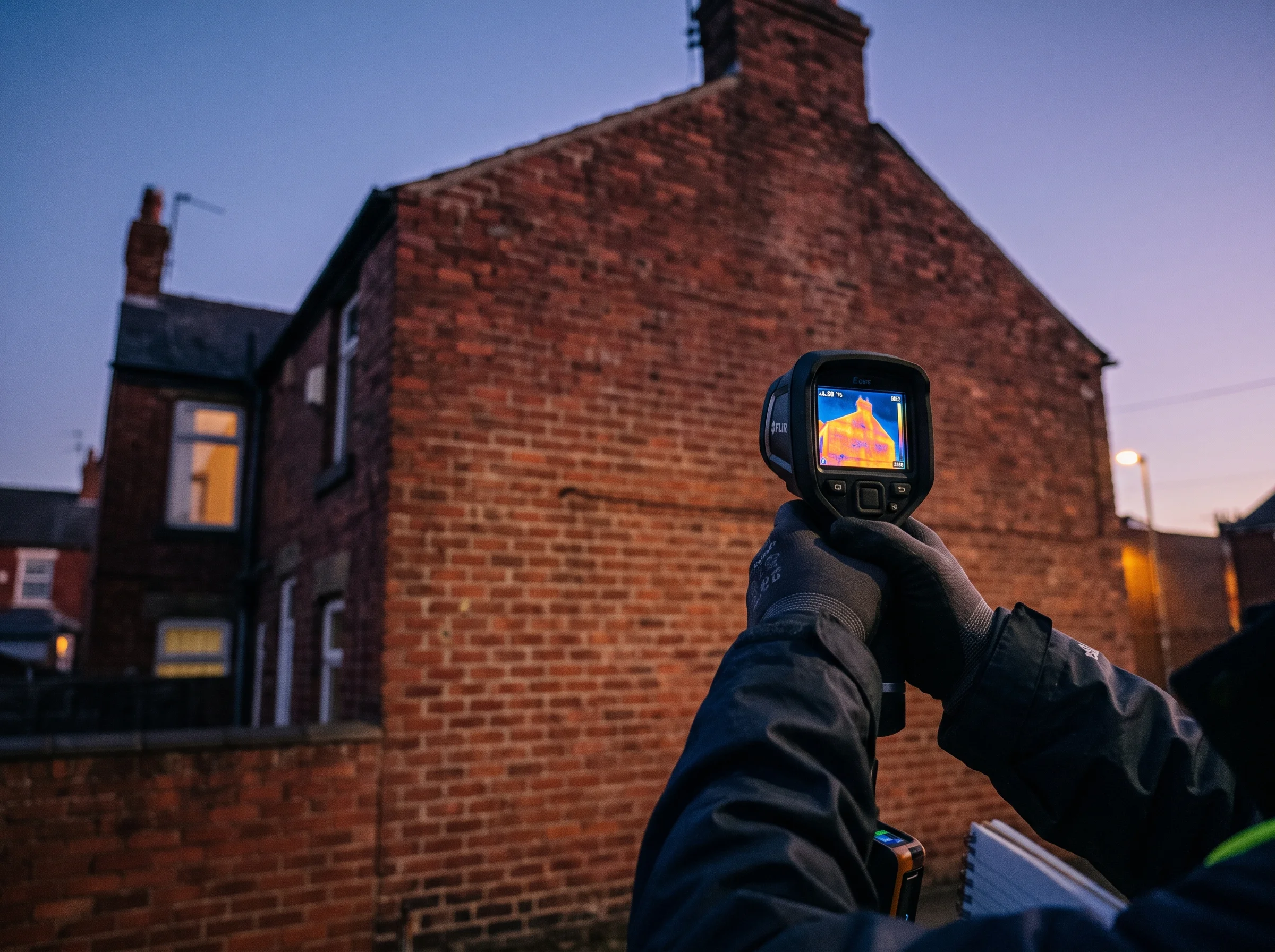 Hands raising a thermal camera towards a red-brick gable end at dusk, its screen showing a blue-to-orange heat reading