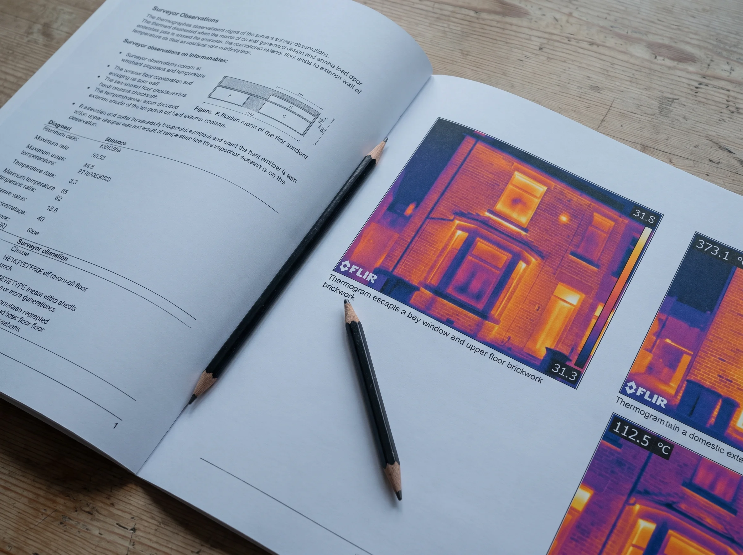 Printed survey report open on a kitchen table, showing plain-English notes and small thermal images, with a pencil resting on the page
