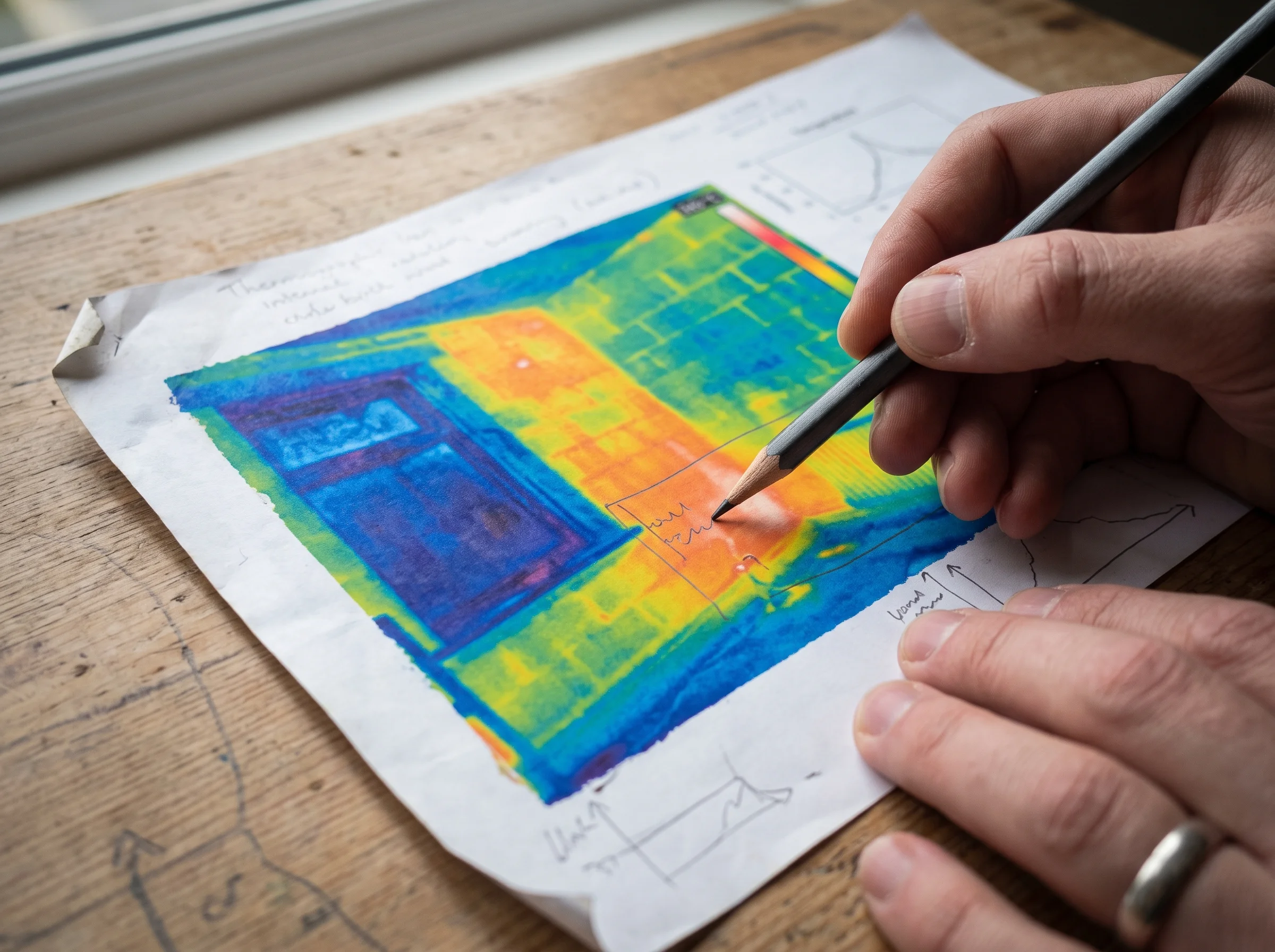 Hand with a pencil annotating a printed thermal image of a house wall on a table
