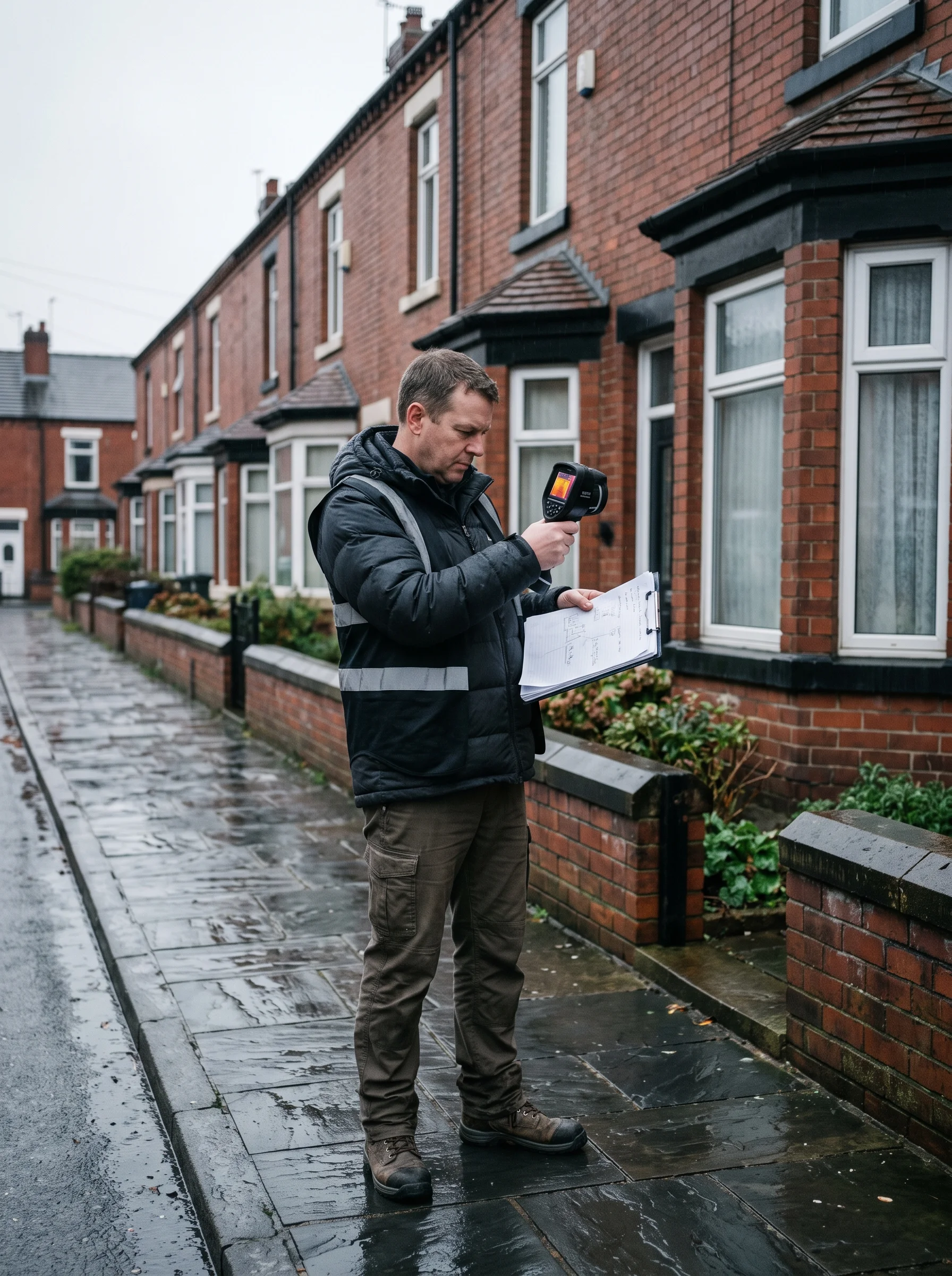 Surveyor on a wet Wakefield terrace street holding a thermal camera and a worn notebook, red-brick houses and chimneys behind