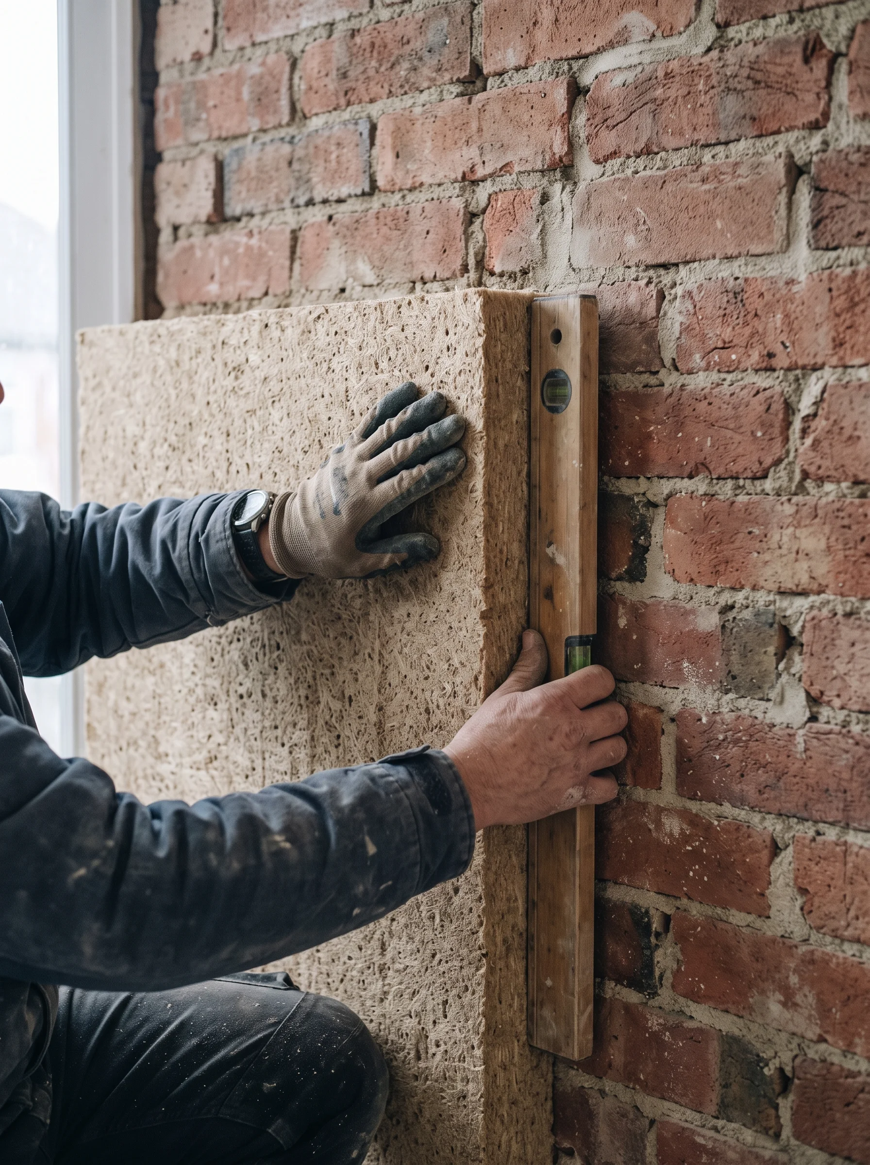 Hands fitting a breathable wood-fibre insulation board against original Victorian brick, with a spirit level against the board