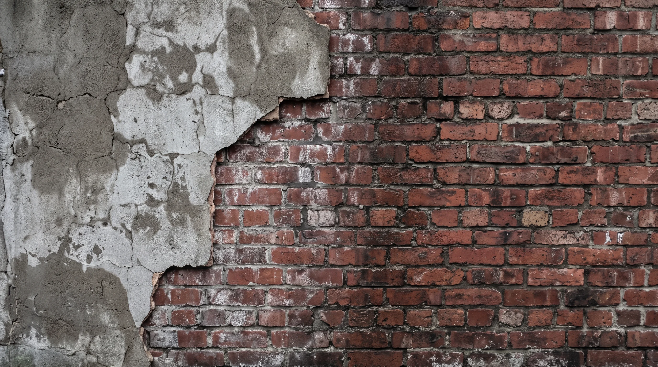 Failed render partly removed from Victorian brickwork, revealing dark moisture staining across the damp bricks