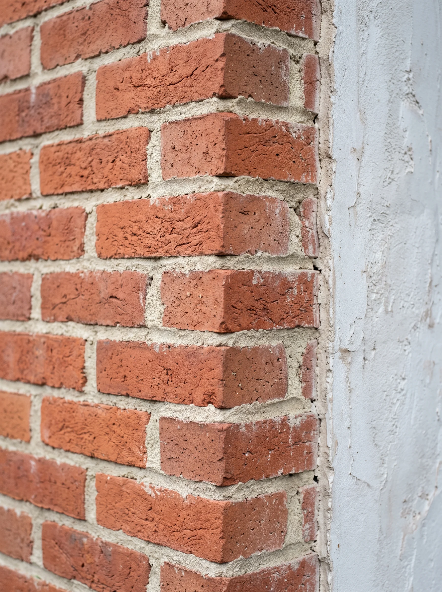 A photograph showing the corner of a real red brick wall meeting a white plastered surface.